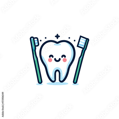 Happy tooth character with toothbrushes on a clean background