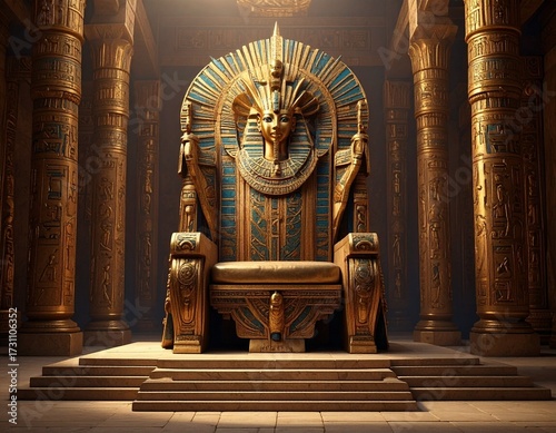 Majestic Golden Egyptian Pharaoh's Throne in Ancient Temple with Hieroglyphic Columns