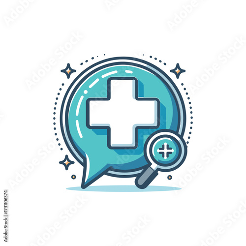 Medical symbol with magnifying glass in chat bubble