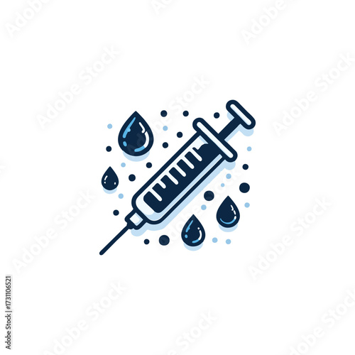 Medical syringe illustration with droplets and design elements