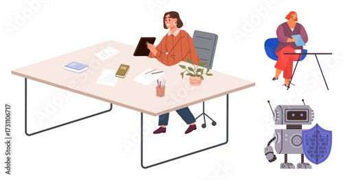 Two professionals at desks working with devices and documents, joined by a robot with shield. Ideal for technology, teamwork, innovation, cybersecurity, office productivity, digital tools, simple