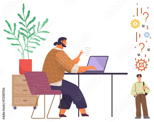 Person sitting at desk working on a laptop near greenery, modern decor. Colleague stands nearby holding a file. Ideal for teamwork, collaboration, productivity, remote work, creativity, office