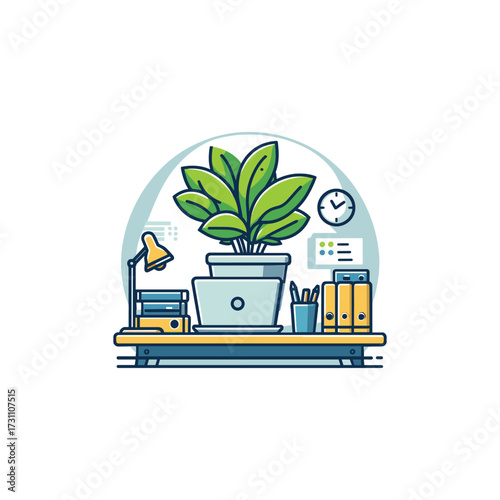 Home office workspace with plant, clock, and supplies