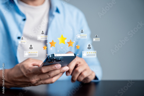 Customer rating and satisfaction concept with five star review on smartphone. User feedback and positive evaluation for online business, product quality, and digital service improvement.