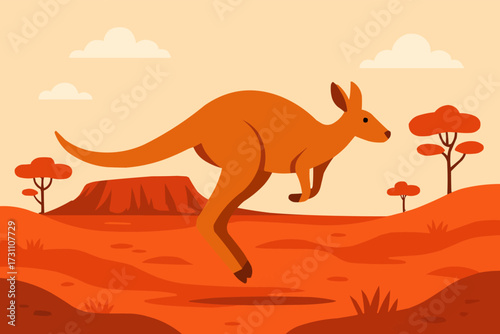 A flat vector illustration of a hopping kangaroo in an Australian outback with red sand