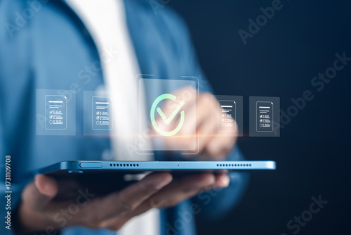 Digital document check and approval system with verification, compliance, validation, quality control, and secure workflow in business technology.