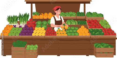 Vibrant Farmer's Market Stall Displaying Various Fresh Organic Fruits and Vegetables