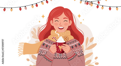 Festive winter celebration with cheerful girl enjoying hot chocolate and cozy holiday decorations