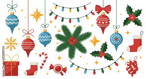 Festive Christmas Decorations with Baubles Holly and Holiday Lights in a Bright Colorful Display