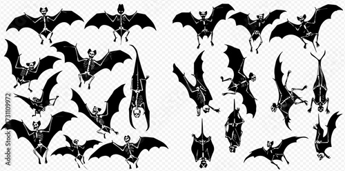 Collection of bat silhouettes with skeleton details in various flying and hanging positions.