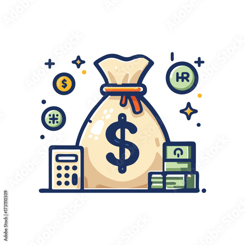 Illustration of a money bag surrounded by currency symbols