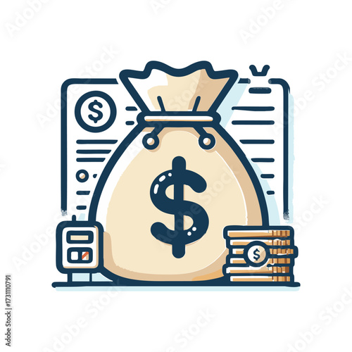 Illustration of a money bag with coins and financial documents