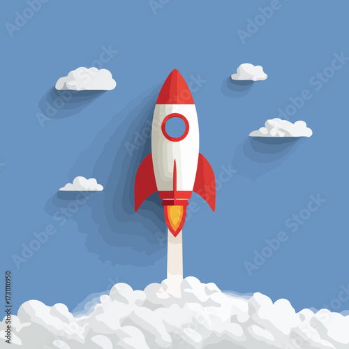 Minimalist vector illustration of a startup rocket launching into the sky with clouds symbolizing innovation success and futuristic business growth