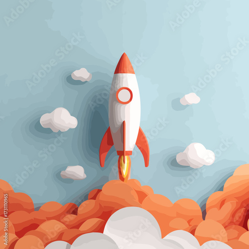 Modern flat design vector of a startup rocket taking off into cloudy sky representing futuristic ideas growth and business innovation