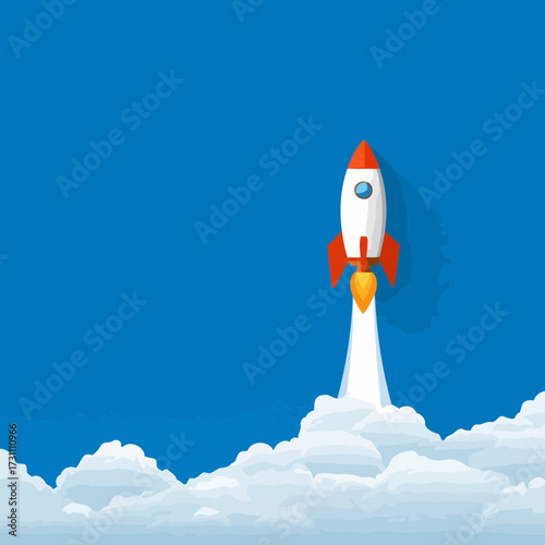 Creative outline style vector of a startup rocket launching upward into the sky with white clouds symbolizing digital innovation and success