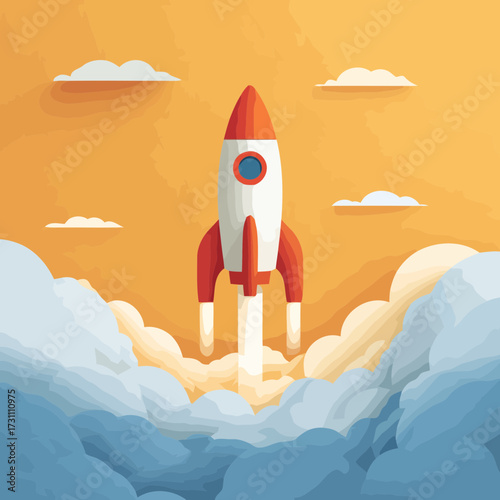 Vector illustration in modern style of startup rocket launching high into the sky with fluffy clouds symbolizing ambition and growth