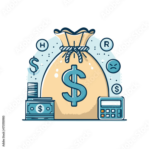 Illustration of a money bag with financial symbols around