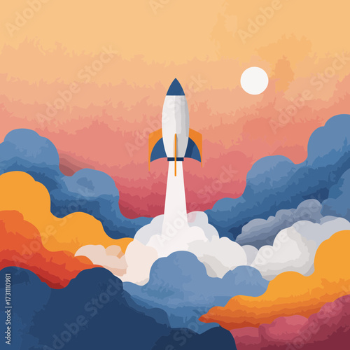 Simple and clean vector of a startup rocket launching upwards into the sky with cloud shapes showing innovation leadership and growth