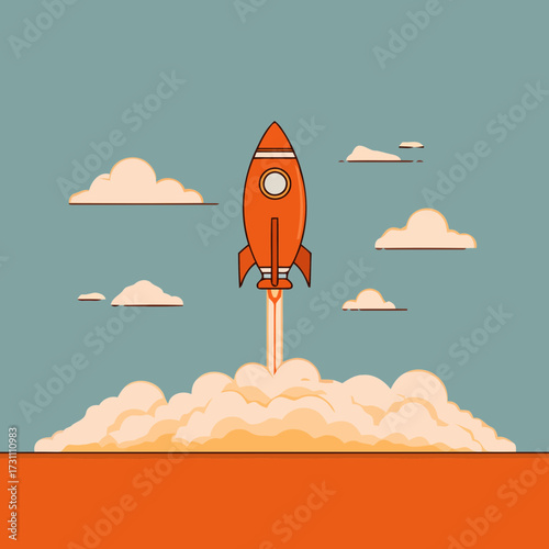 Inspirational startup rocket vector launching into the cloudy sky representing digital entrepreneurship creativity and futuristic goals