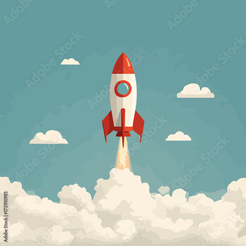 Abstract futuristic vector of a startup rocket launching through clouds into blue sky representing growth ambition and exploration