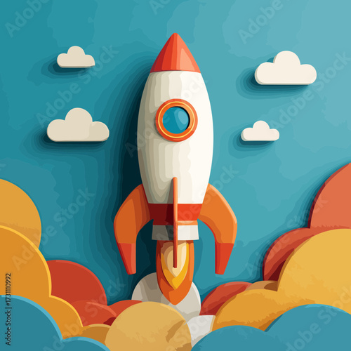 Flat design rocket launch illustration representing startup innovation futuristic business ideas success and cloud computing concept