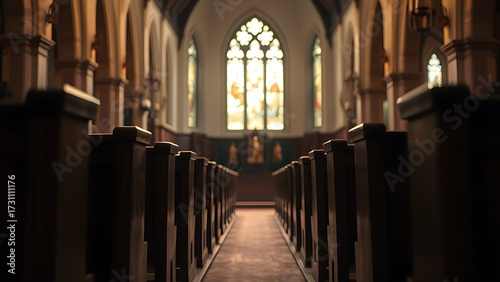 A serene church interior illuminated by stained glass, with empty wooden pews in focus.