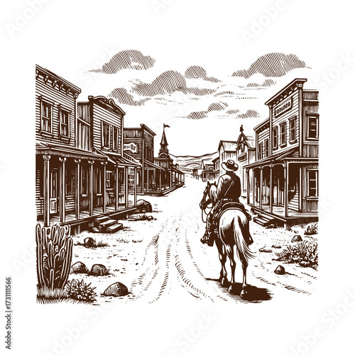 Lone Cowboy Riding Through a Quiet Western Town — Vintage Black and White Sketch