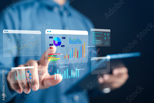 Investment data analysis and financial growth. Digital dashboard with charts and graphs statistics, market trends, and business performance. Ideal for finance, strategy, and analytics content.