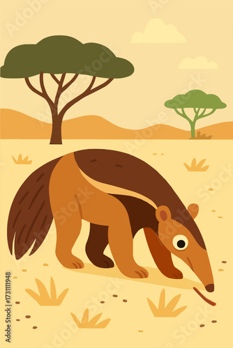 A flat vector illustration of a curious anteater sniffing the ground in a savanna