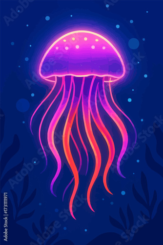 A flat vector illustration of a vibrant jellyfish floating in a deep ocean with glowing effects