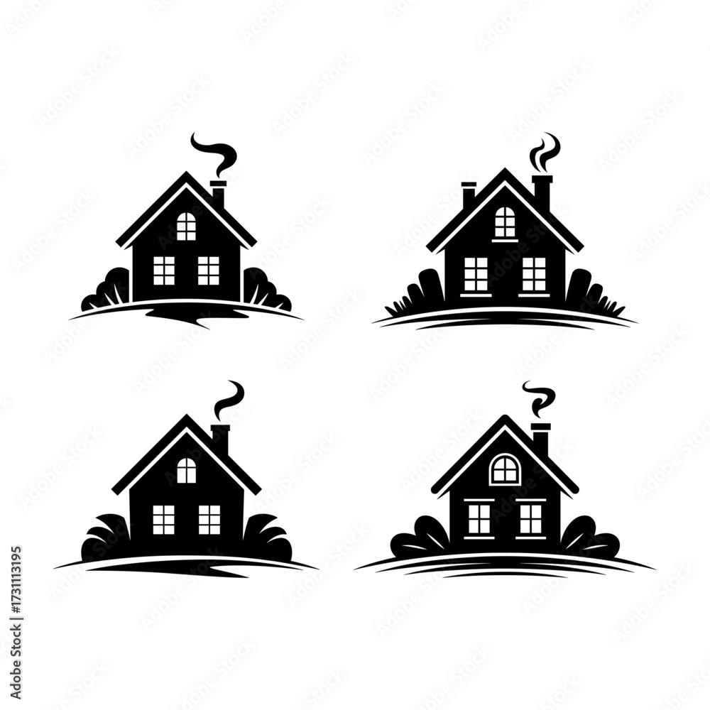 Fototapeta premium Modern home vector silhouette icon set, residential house symbols, real estate Line Icons, Building flat vector Icons illustration on transparent and editable logo with black logo white background