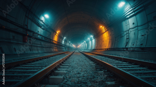Train approaching through underground metro tunnel with teal-amber moody lighting, cinematic depth and perspective