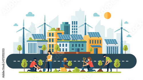 Illustration of people planting trees in modern city with solar panels and wind turbines promoting green energy sustainability and environmental conservation for future