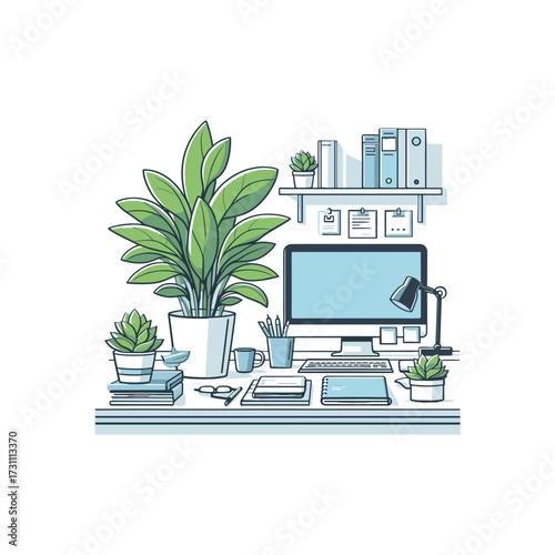Modern workspace with plants, computer, and stationery