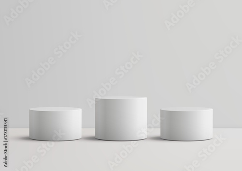 3d podium mockup with three white cylindrical pedestals for product display background minimal stage design clean showroom neutral geometry template presentation