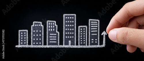 Real Estate Market Growth And Urban Development Concept. Hand Drawing An Upward Arrow Indicating Successful Investment Or City Expansion.