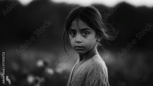 small girl with trembling lips stands against clean solid background evoking deep emotions