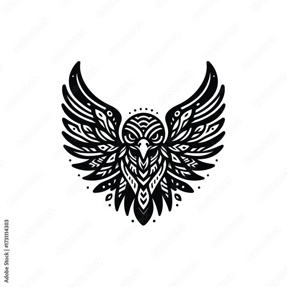 Obraz premium Intricate black and white owl design with detailed wings