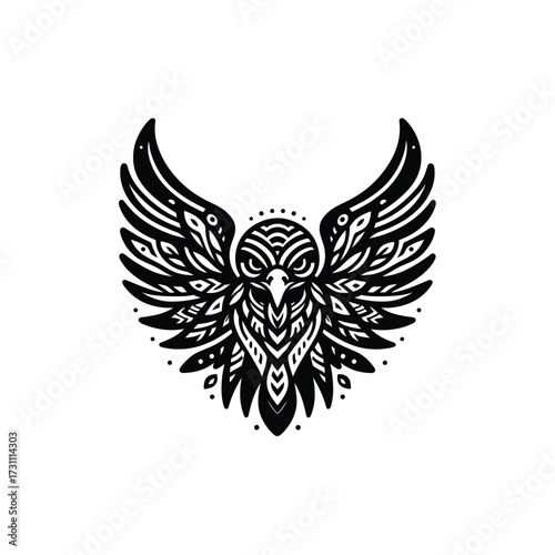Intricate black and white owl design with detailed wings