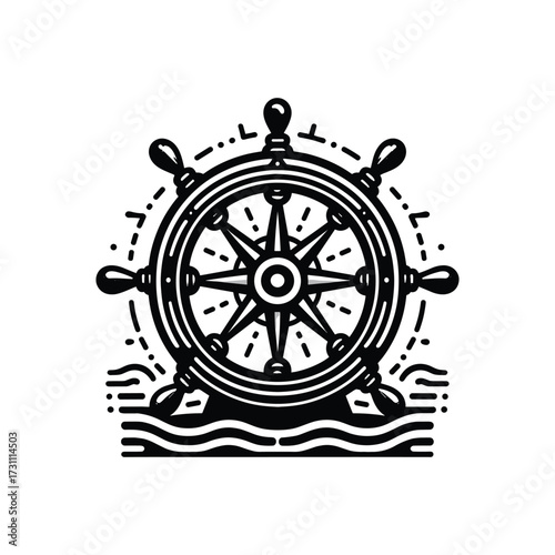 Nautical ship's wheel design with waves in background