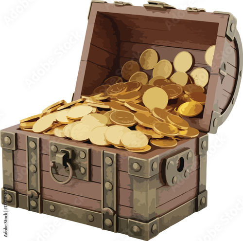 Open treasure chest filled with gold coins spilling out