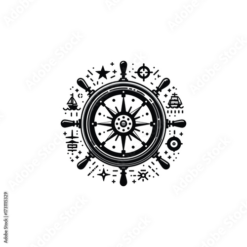 Nautical wheel design with stars and symbols around it
