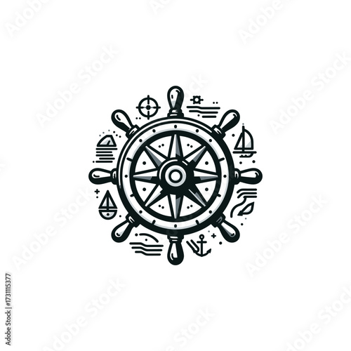 Nautical Wheel Design with Sailboats and Waves