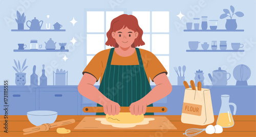 Woman rolling dough in kitchen with baking tools