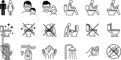 Bathroom hygiene icons, toilet symbols, restroom signs, handwashing graphics, cleaning illustrations, sanitation awareness, personal care, hygiene practices, washroom safety, vector set