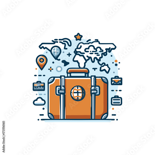Orange suitcase with travel icons and world map backdrop