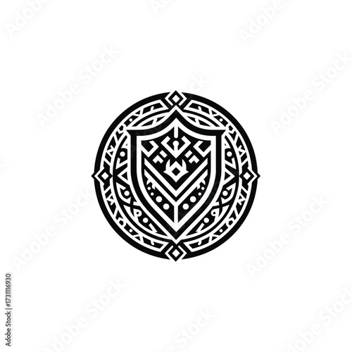 Intricate circular emblem featuring ornate shield design