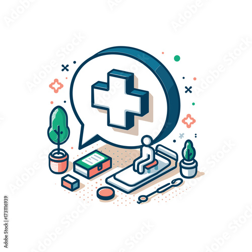 Patient sitting on bed with medical cross symbol nearby