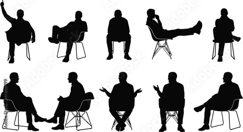 Silhouettes of people sitting on modern chairs, diverse human postures, body language, casual meeting, communication, teamwork, gesture, lifestyle concept