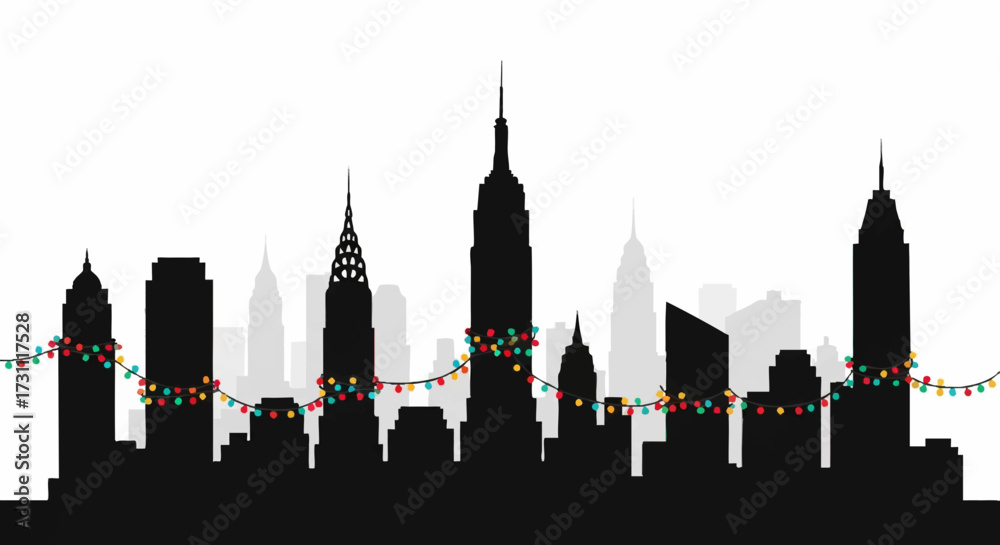 Fototapeta premium New york city skyline silhouette decorated with christmas lights garland
